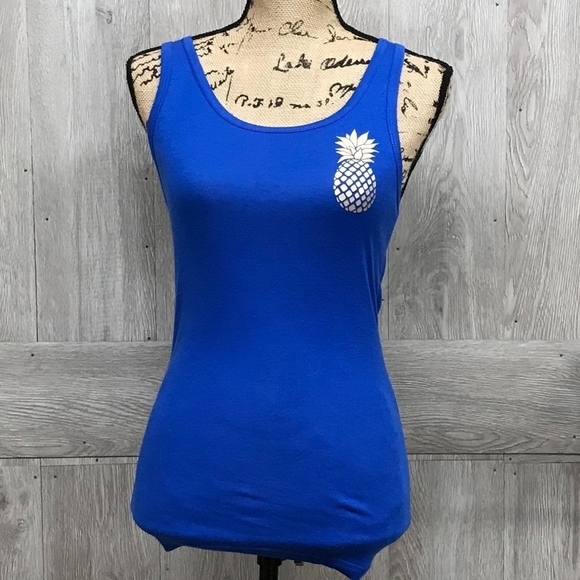 Blue Fitted Tank Top With Gold Pineapple BB322 - Picture 3 of 4